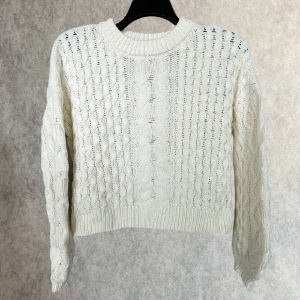Moon+Madison Cropped Sweater Womens Large Ivory Crew Neck Chunky Knit Pullover